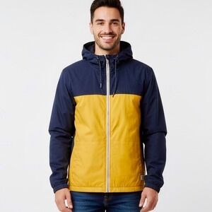 Denim & Flower Rick Singh Cotton‎ Jacket Large Colorblock Hood Navy Blue Yellow